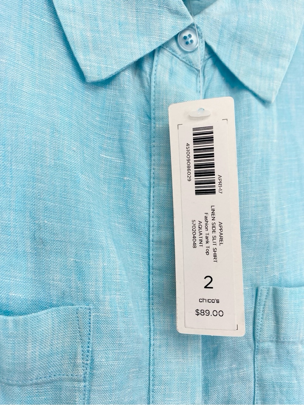 Chico’s Linen Side Slit Tunic Shirt in Aqua Button Down New Size Large - Picture 5 of 11